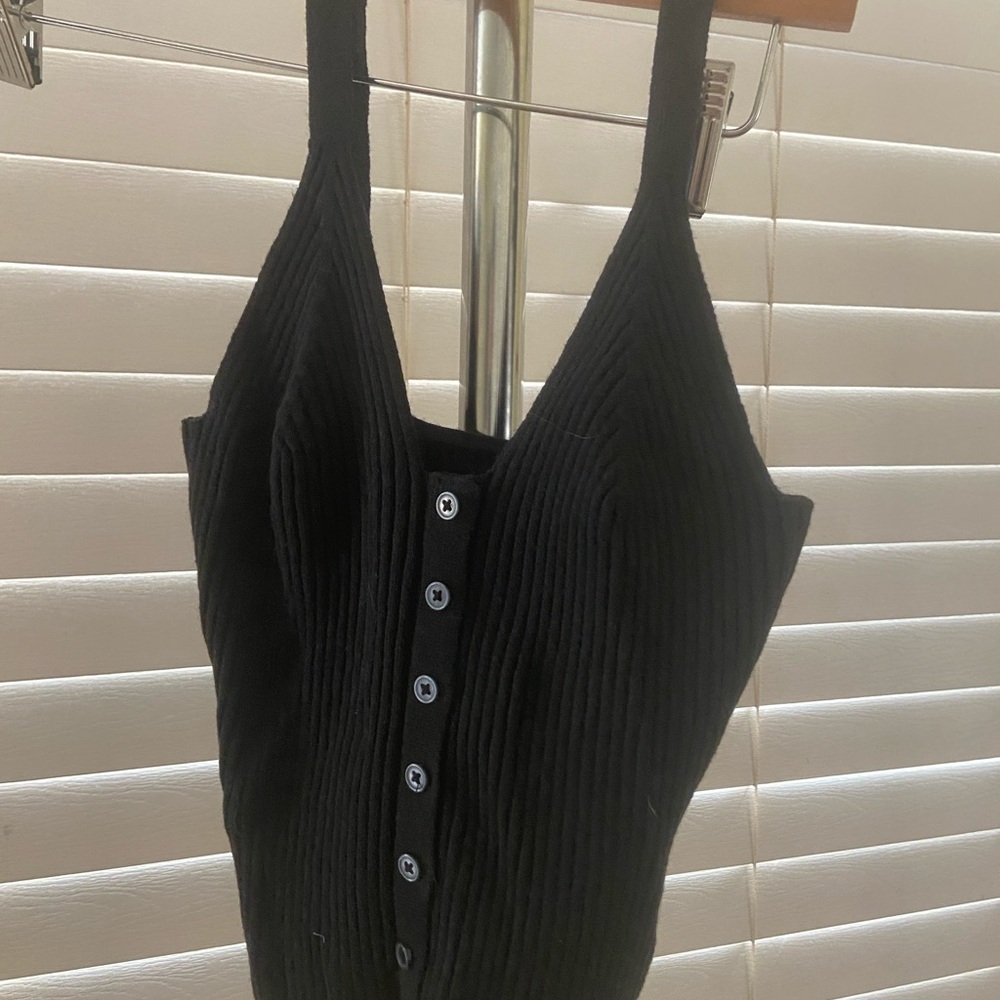 Aerie Black Ribbed Camisole with Buttons